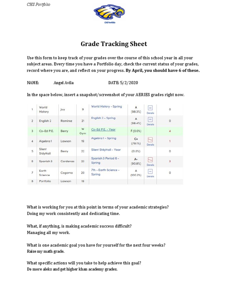 Grade Tracking Portfolio Template | PDF