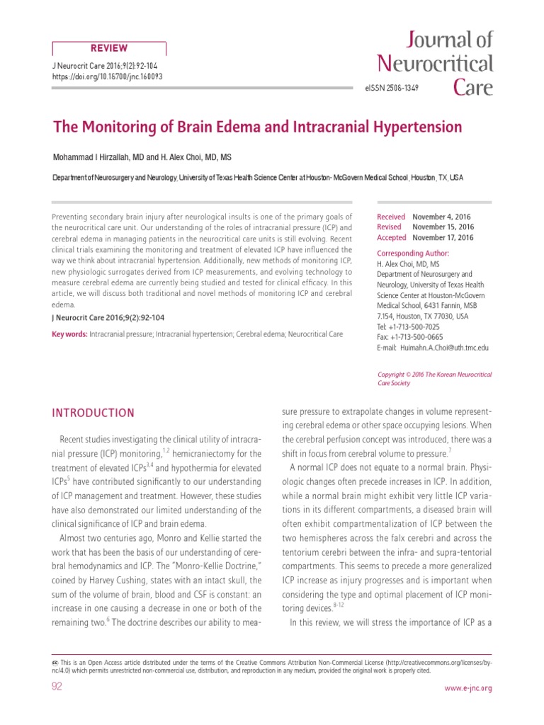 The Monitoring Of Brain Edema And Intracranial Hypertension Review Traumatic Brain Injury Blood Pressure