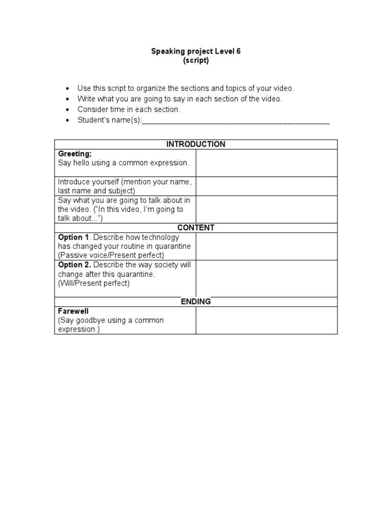 Level 6 Speaking Project Script Guide | PDF
