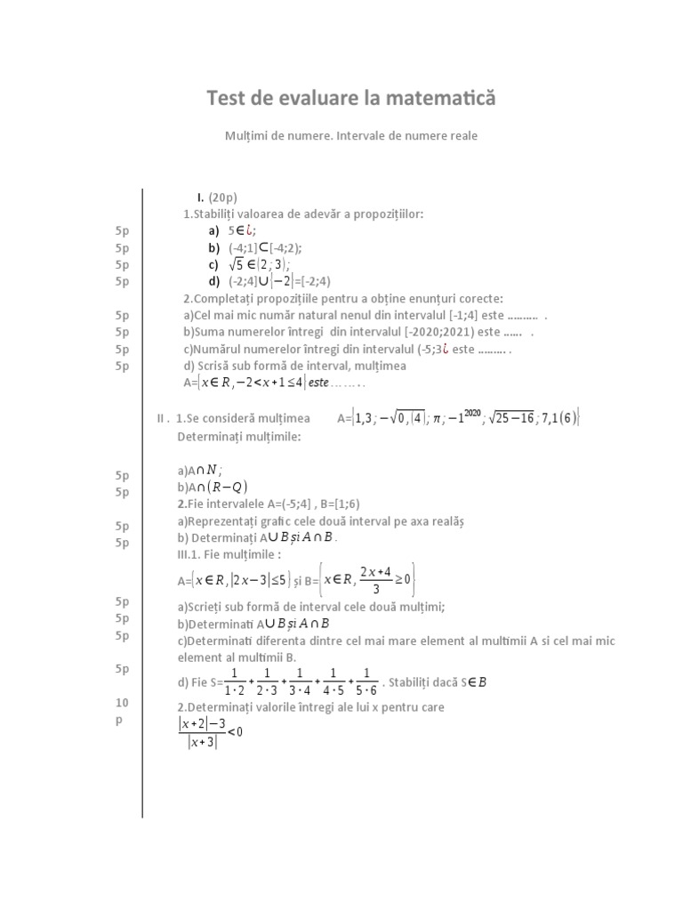 Test de Evaluare La Matematică | PDF