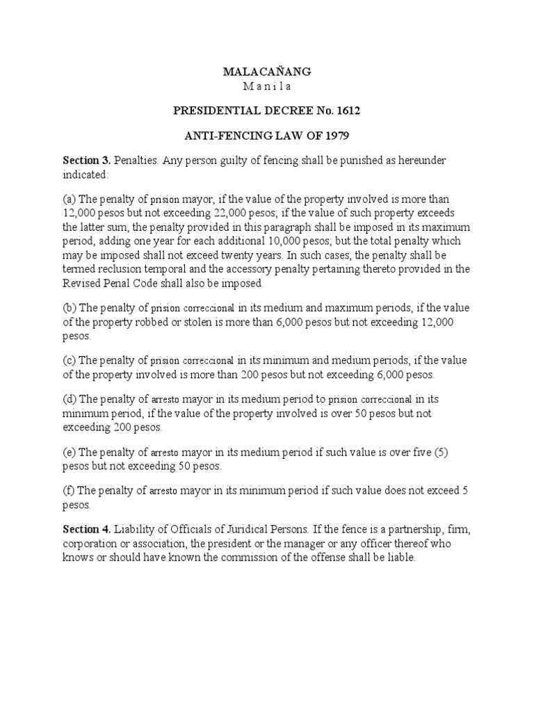 Anti-Fencing Law Penalties Explained | PDF | Law