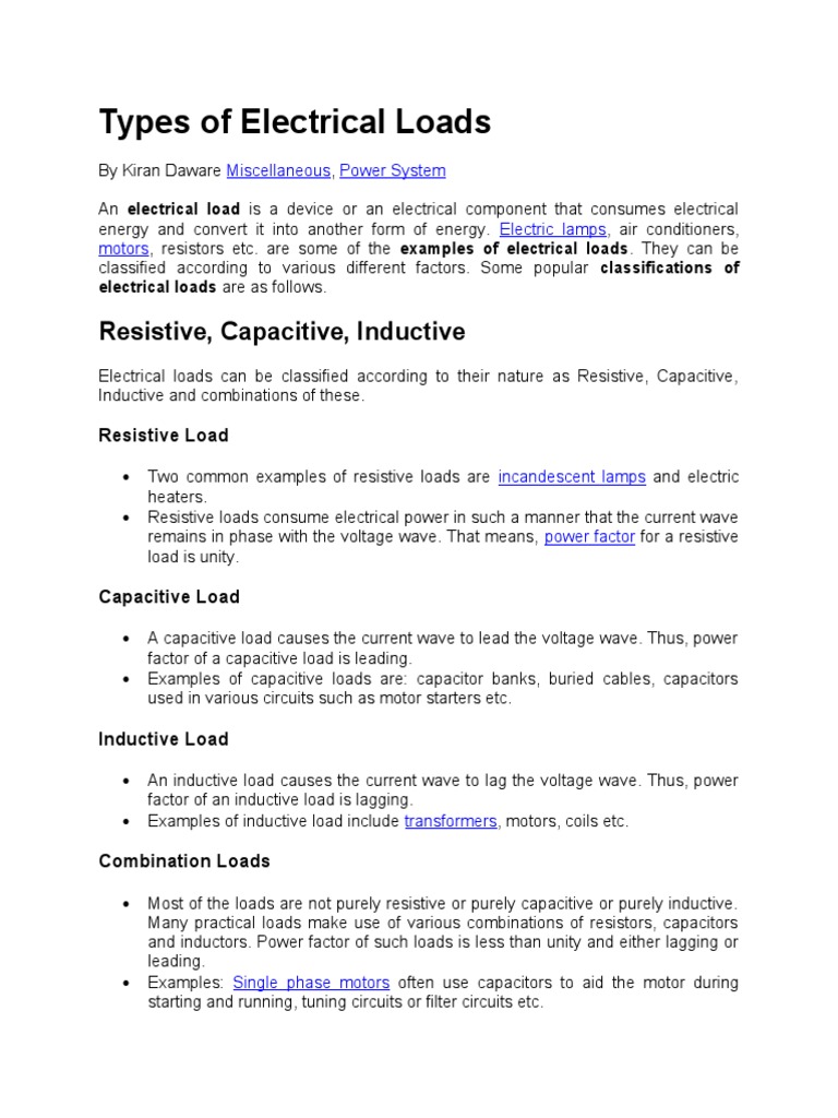 Classification of Electrical Loads in Power Systems Resistive