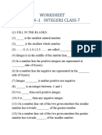 Worksheet Lesson-1 Integers Class-7