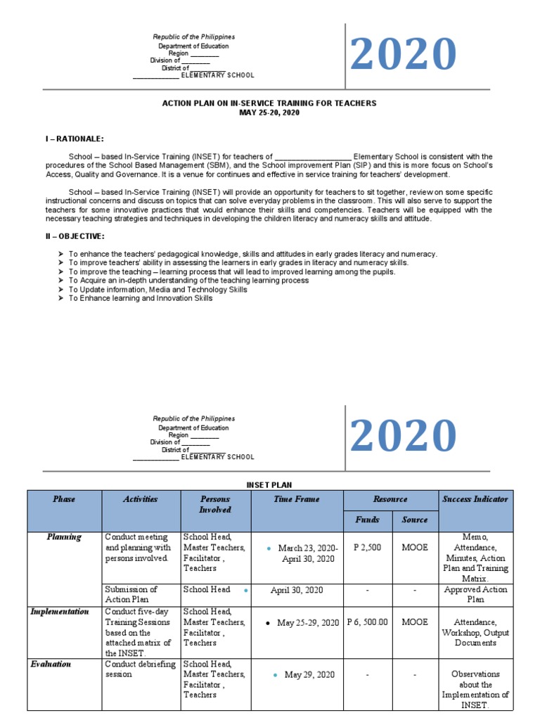 INSET Action Plan for Teacher Training | PDF | Teachers | Literacy