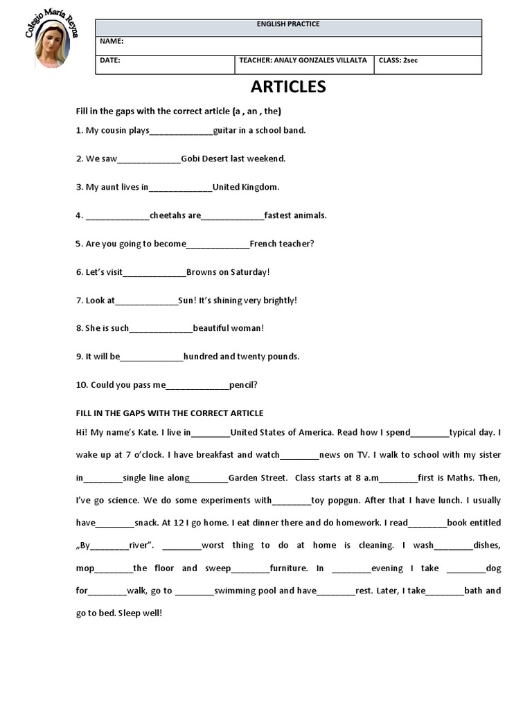 English Articles Practice Worksheet | PDF