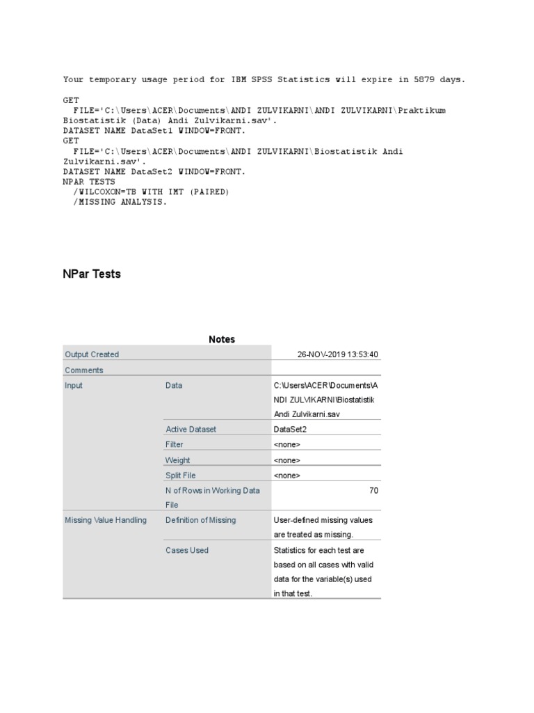 Npar Tests: Notes | PDF | Data Set | Information Technology