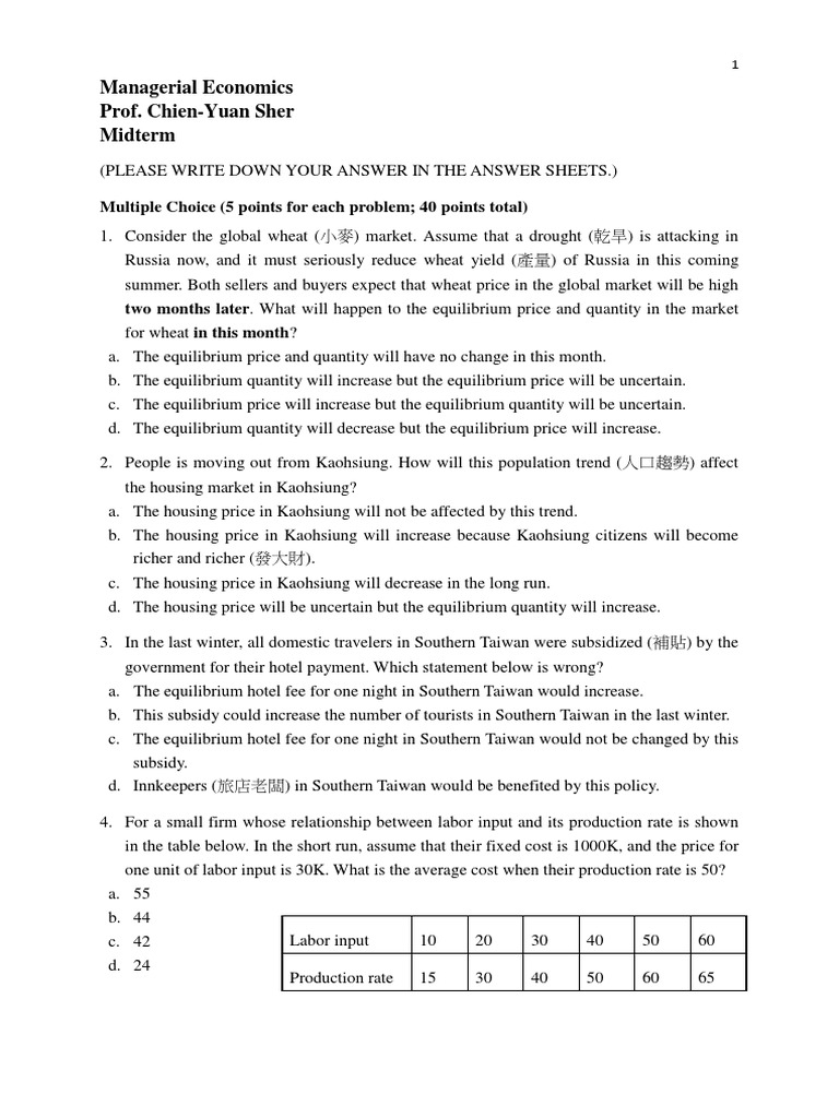 Managerial Economics Midterm Exam Questions | PDF | Demand | Price ...