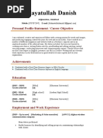 Hidayatullah Danish: Personal Profile Statement / Career Objective