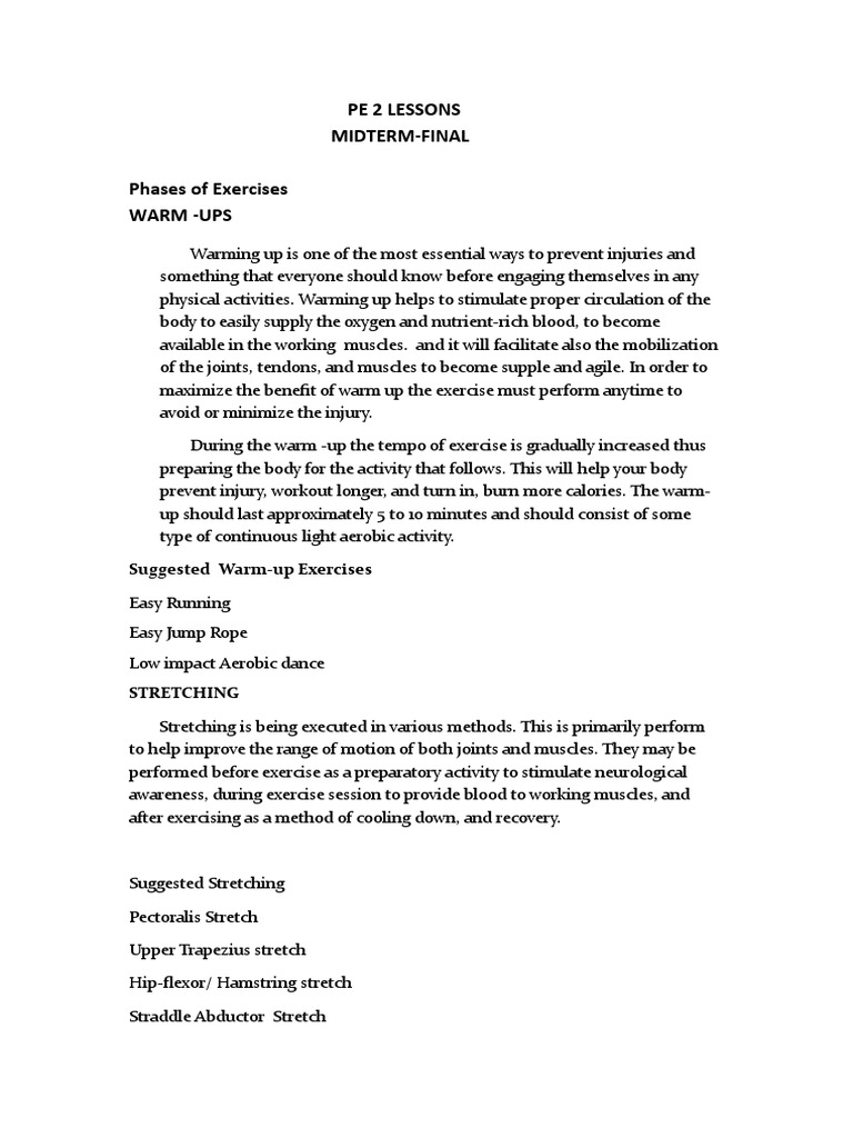 Pe 2 Lessons Midterm-Final Phases of Exercises Warm - Ups | PDF ...
