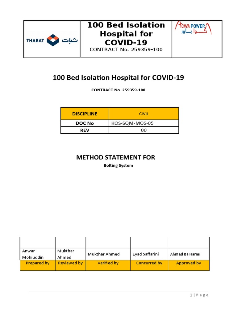 COVID-19 Isolation Hospital Method Statement | PDF | Screw | Welding