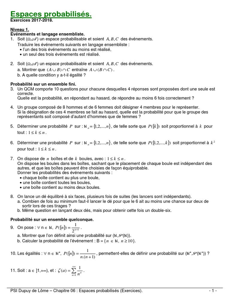 Espaces Probabilises Exercices 3 Niveaux Pdf Theorie Des Probabilites Probabilite