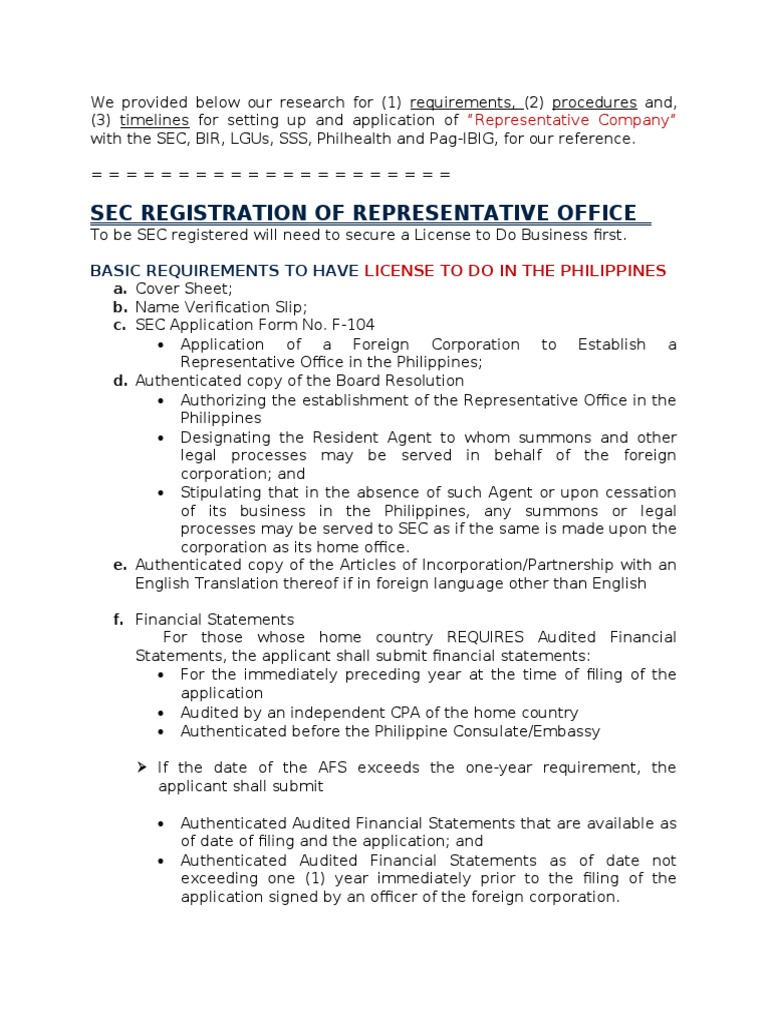 Sec Registration of Representative Office Basic Requirements To Have
