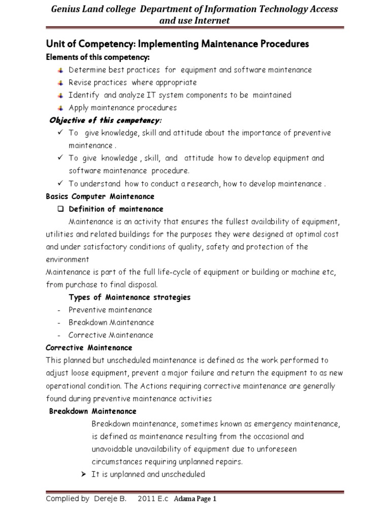 Unit of Competency: Implementing Maintenance Procedures | PDF | Random ...