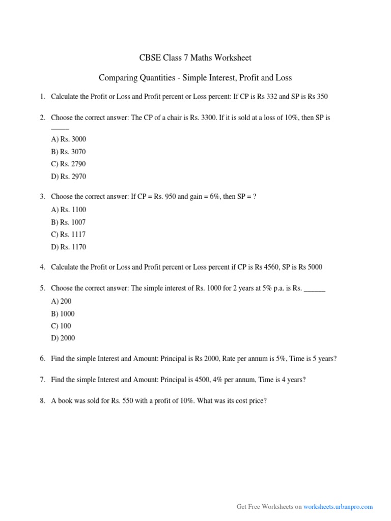 Math Profit Loss Class 7 Questions PDF Interest Prices