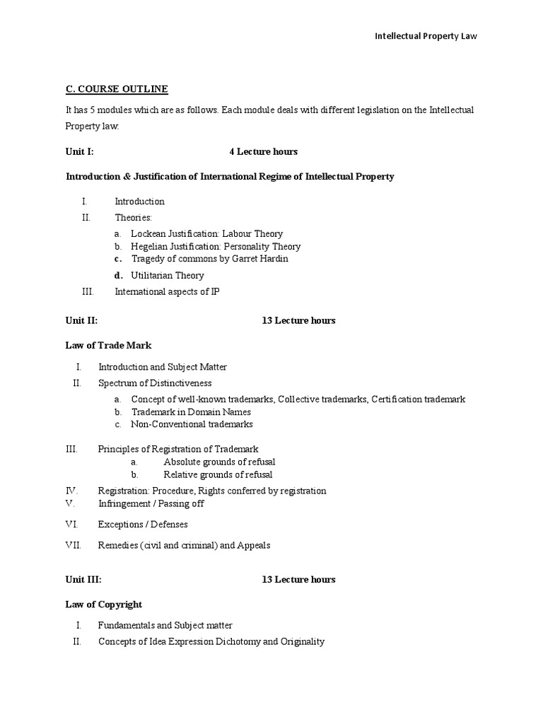 Intellectual Property Law Course Outline | PDF | Trademark ...