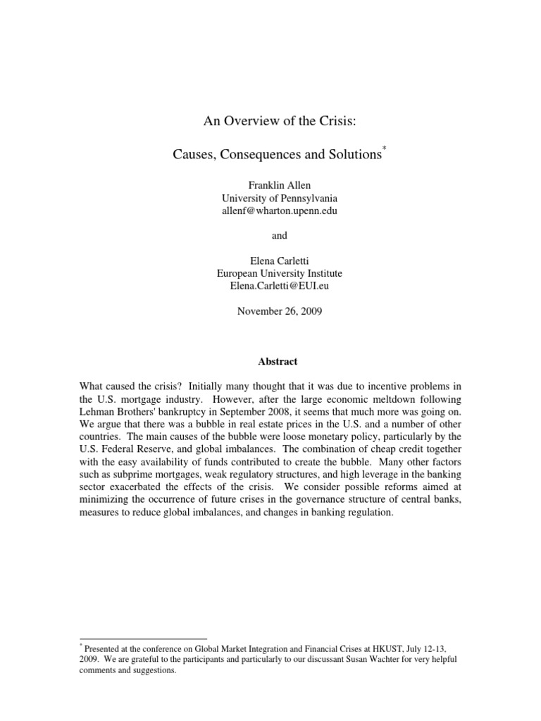 Causes and Solutions of Financial Crisis | PDF | Financial Contagion ...