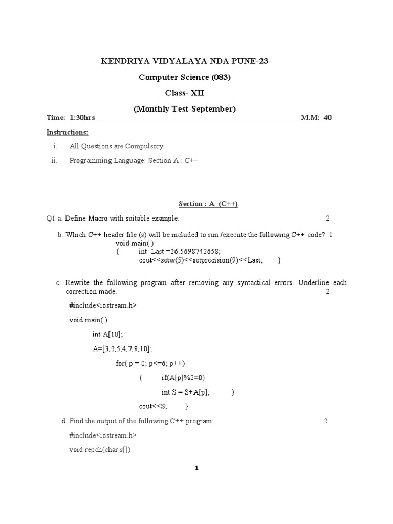 Computer Science Test: Class XII C++ | PDF | Array Data Structure ...