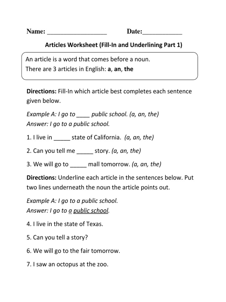 Articles Fill In Underlining P 1 Beginner Pdf