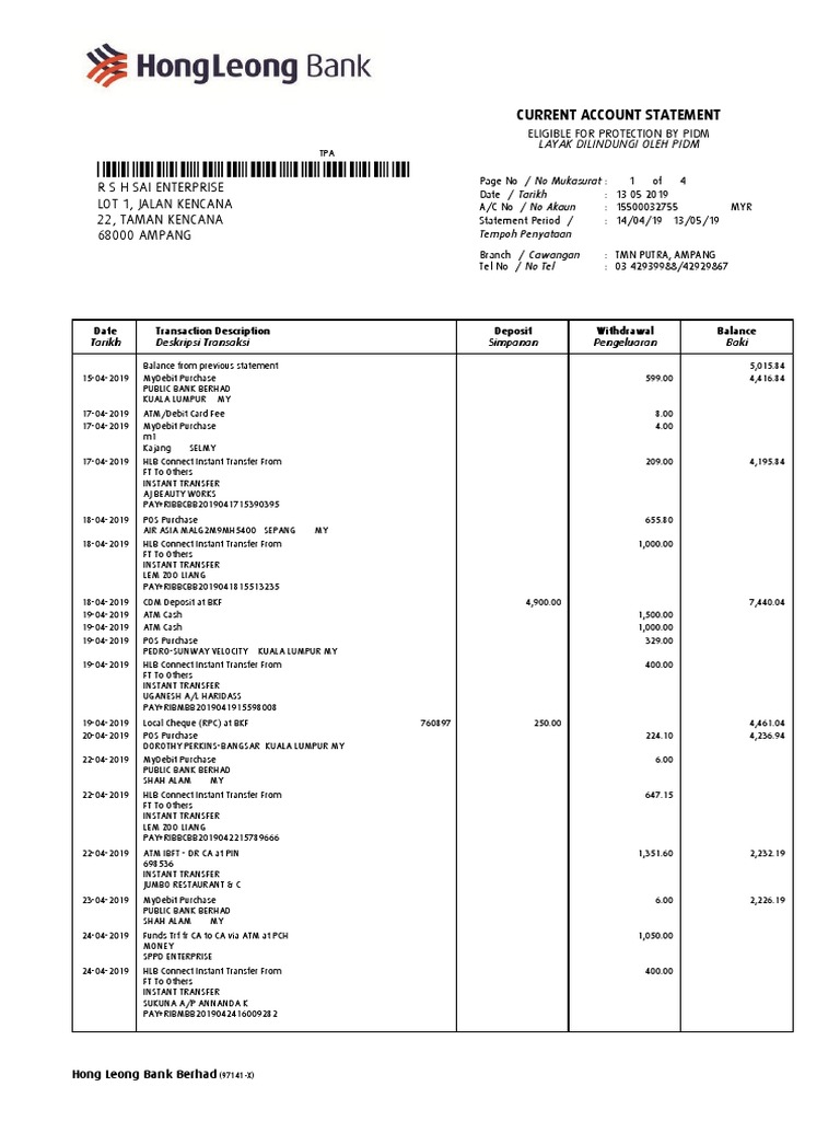 Hong Leong Bank Current Statement | PDF | Transaction Account ...