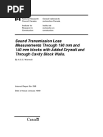 Sound Transmission Loss Measurements Through 190 MM and 140 MM Blocks With Added Drywall and Through Cavity Block Walls