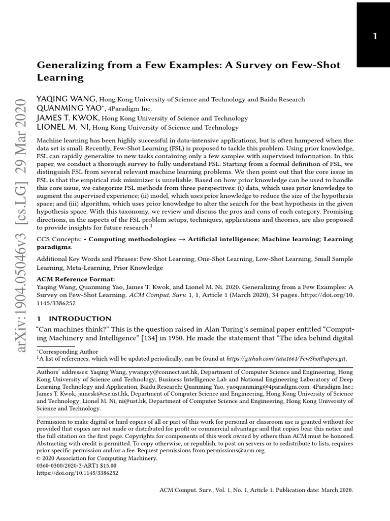 Generalizing From A Few Examples: A Survey On Few-Shot Learning | PDF ...