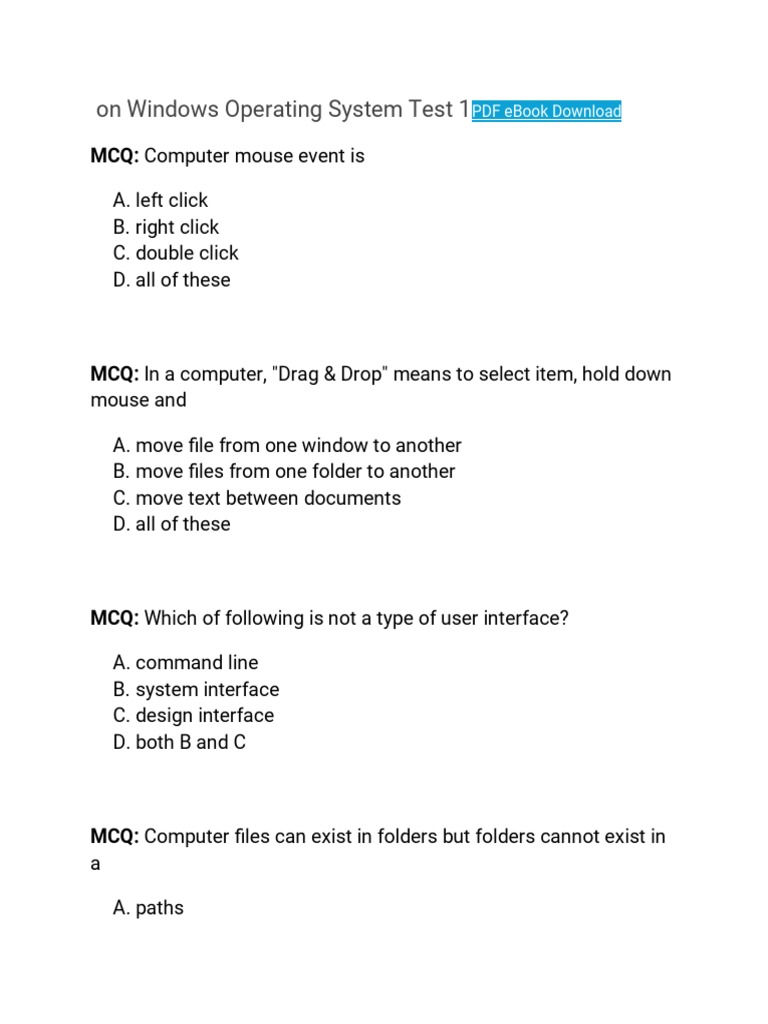 On Windows Operating System Test 1 Answer PDF