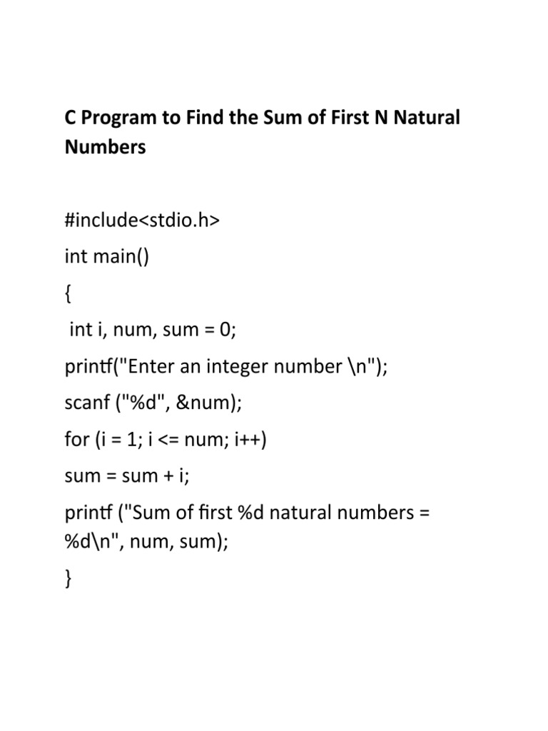 C Program To Find The Sum of First N Natural Numbers | PDF