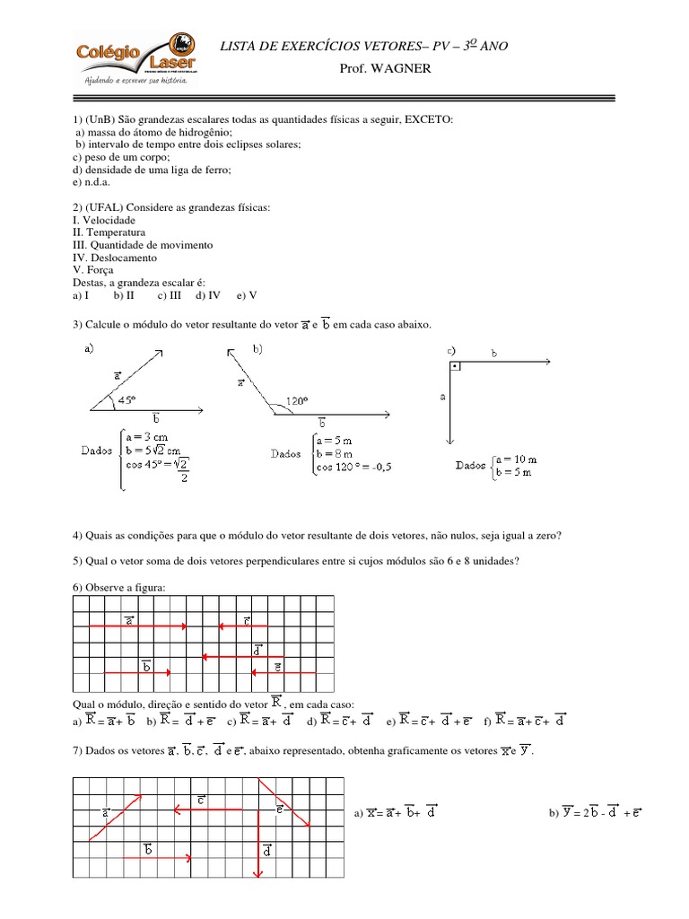 Lista de Exercícios sobre Vetores - 3º Ano | PDF | Vetor euclidiano ...