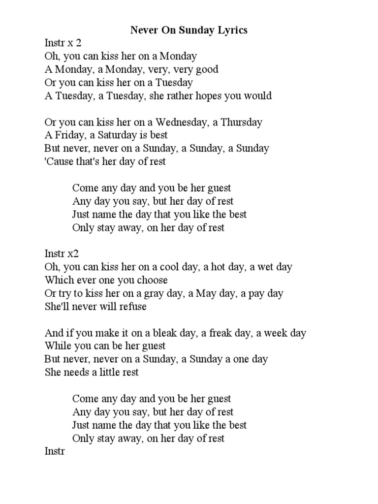 Never On Sunday Lyrics PDF