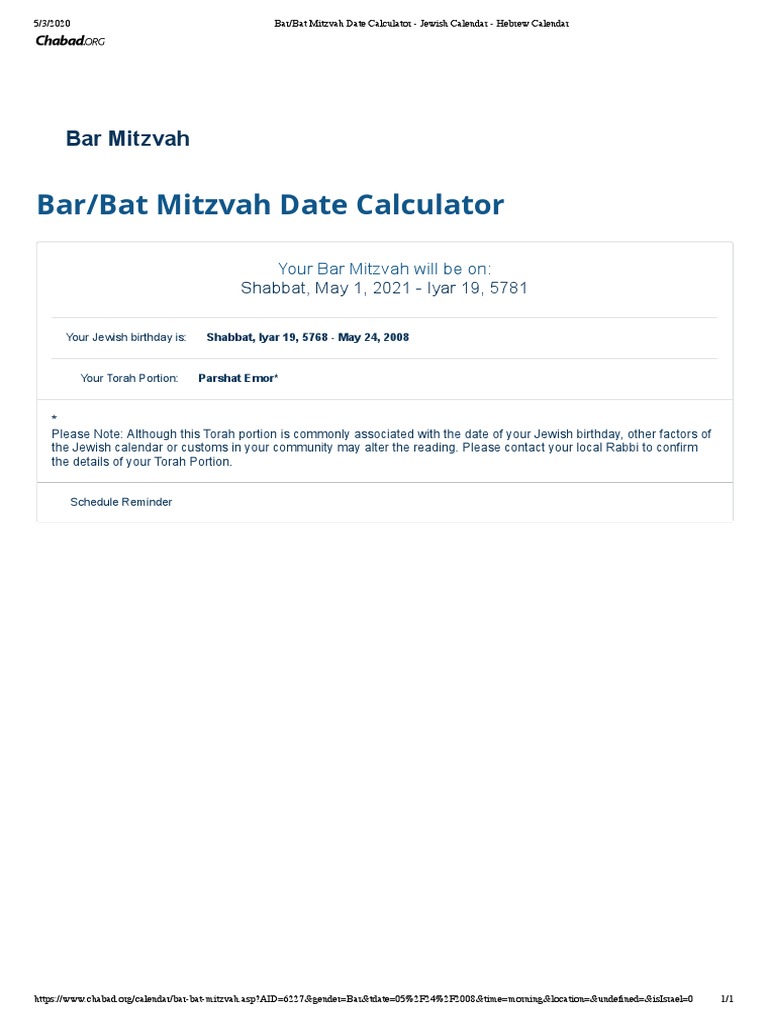 Bar Bat Mitzvah Date Calculator Jewish Calendar Hebrew Calendar PDF