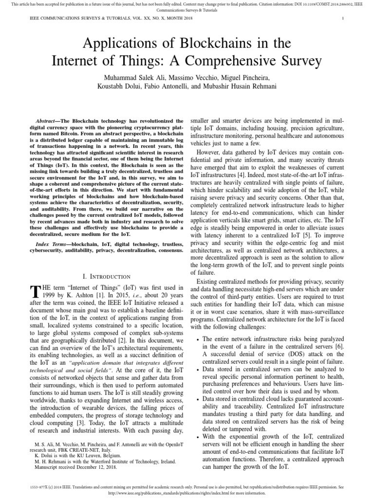Applications of Blockchains in The Internet of Things: A Comprehensive ...