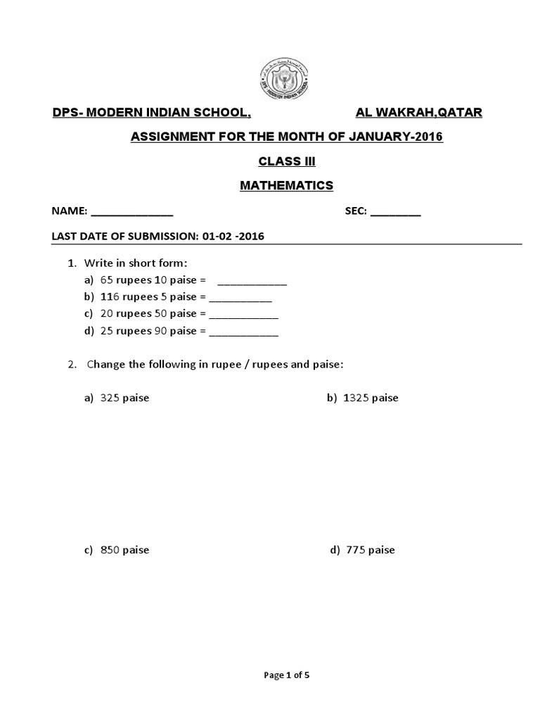 Class III Math Assignment Jan 2016 | PDF | Business | Teaching Methods ...
