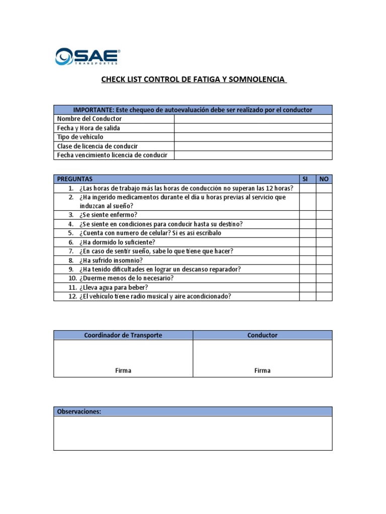 Check List Control de Fatiga y Somnolencia | PDF | Negocios