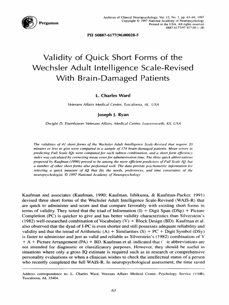 Validity of Quick Short Forms of The Wechsler Adult Intelligence Scale ...
