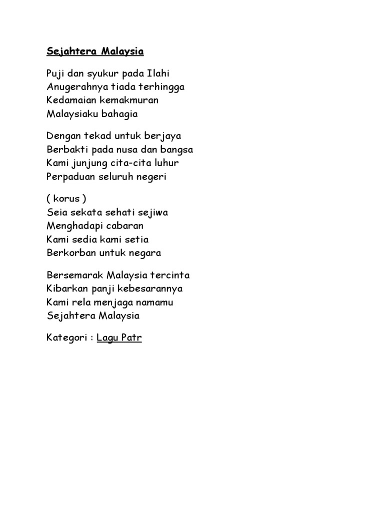 Lirik Lagu Sejahtera Malaysia Pdf