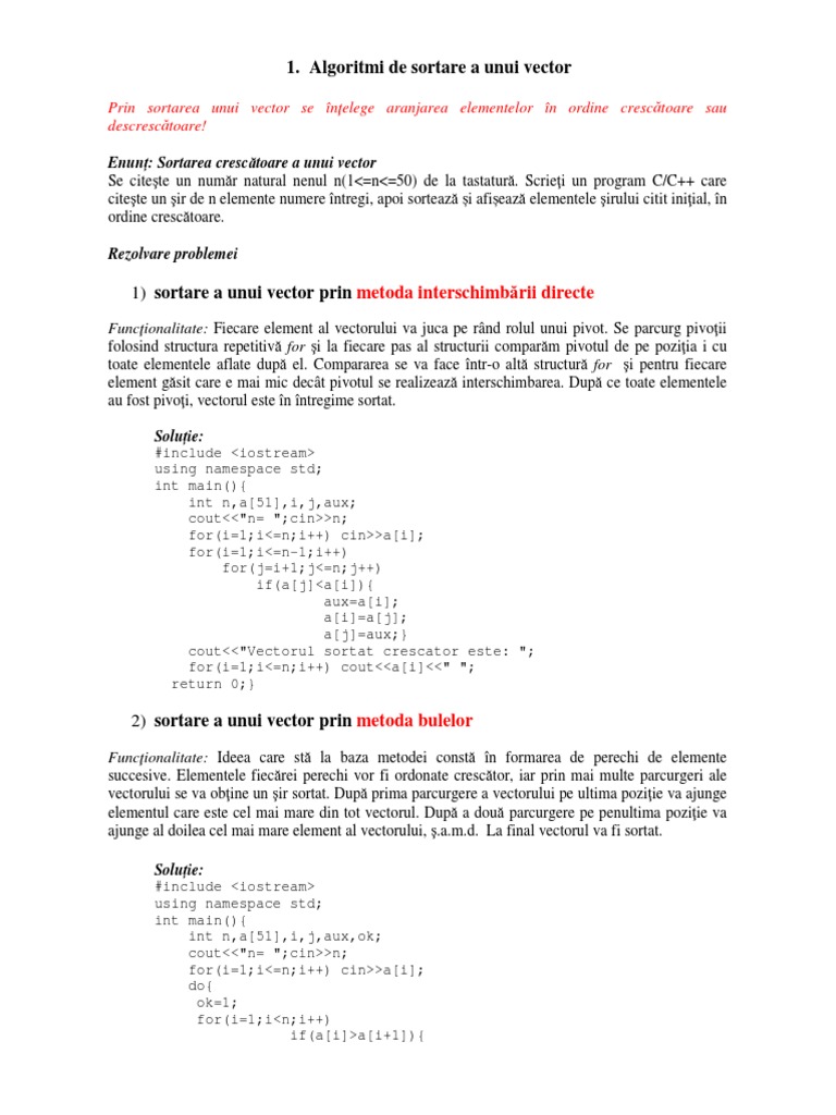 Algoritmi de Sortare A Unui Vector Algoritmi de Cautare1 PDF | PDF