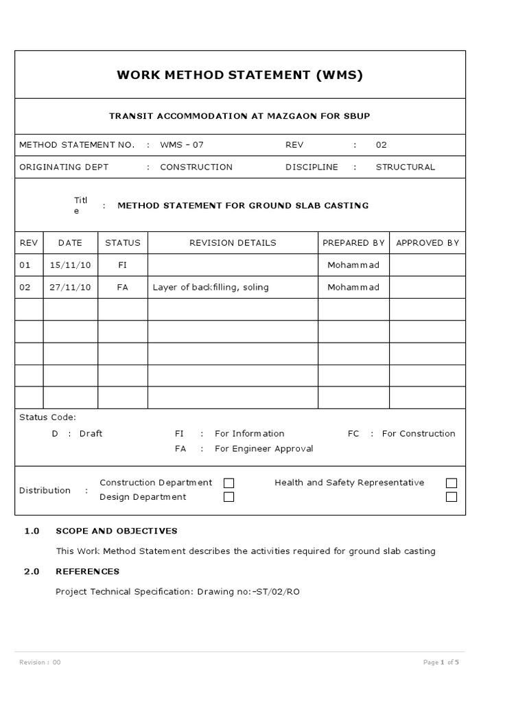 Ground Slab Casting Method Statement | PDF | Building Technology | Concrete
