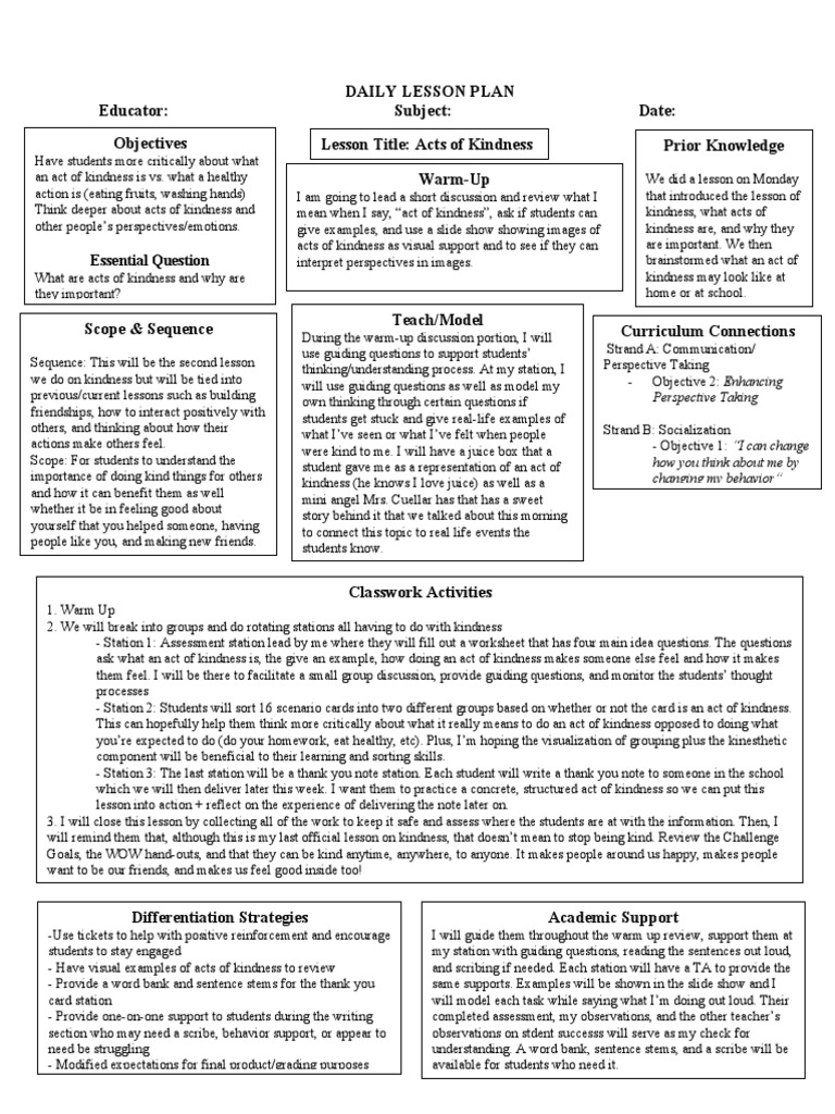 Acts of Kindness Lesson Plan | PDF | Lesson Plan | Applied Psychology