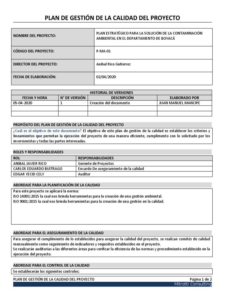 Plantilla 1. Plan de Gestion - Calidad | PDF | Gestión de la calidad ...