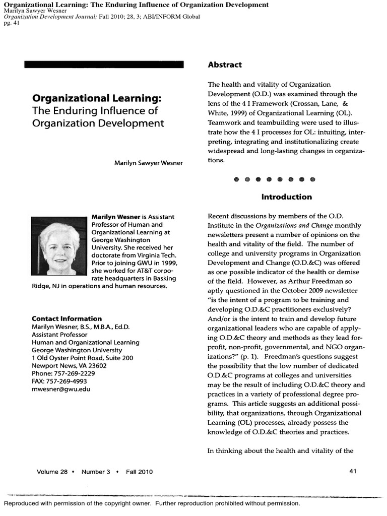 Organization Development Journal Fall 2010 28, 3 ABI/INFORM Global ...