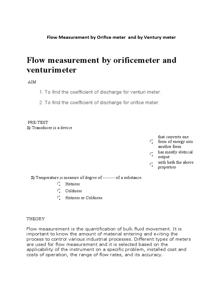 Experimental Analysis of Flow Measurement Using an Orifice Meter and