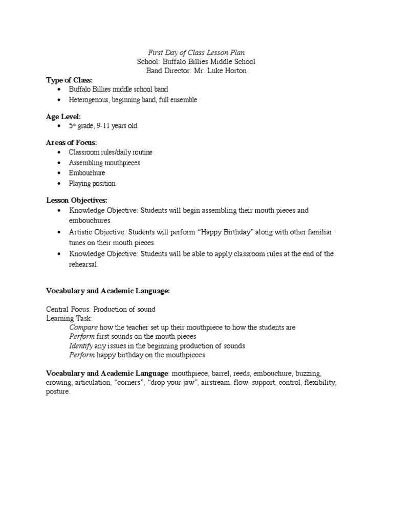 First Day Band Class Plan for 5th Graders | PDF | Classroom | Teachers