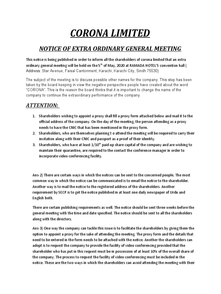 Notice of EGM for Name Change | PDF | Proxy Voting | Government
