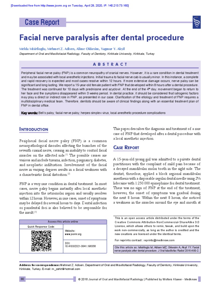 Facial Nerve Paralysis After Dental Procedure Case Report PDF
