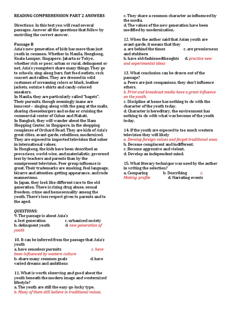 Reading Comprehension Part 2 Answers: Questions | PDF