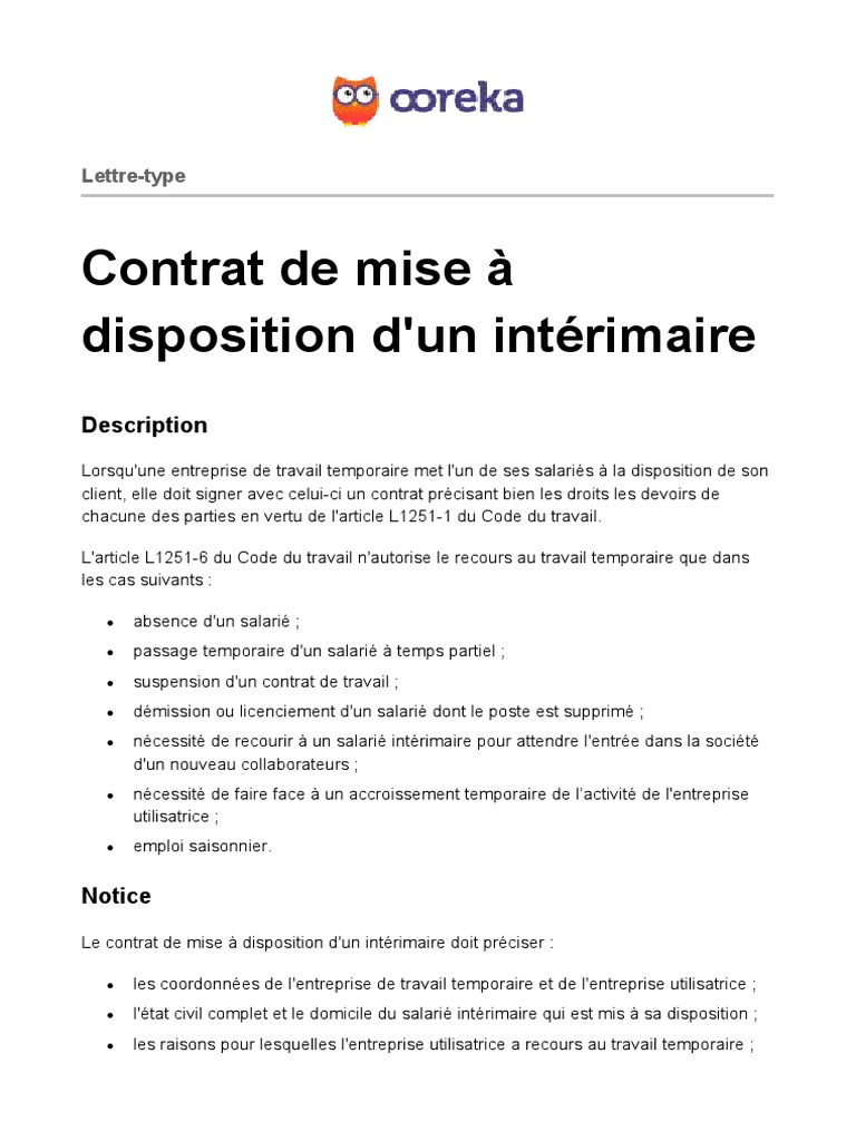 Ooreka Contrat Disposition Interimaire Pdf Interim Travail Droit Des Affaires