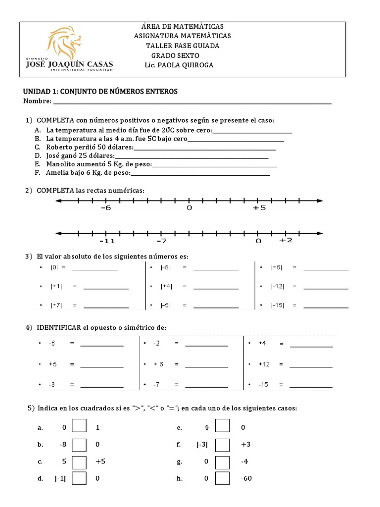 Taller de Números Enteros para Sexto Grado | PDF | Entero | Enseñanza ...