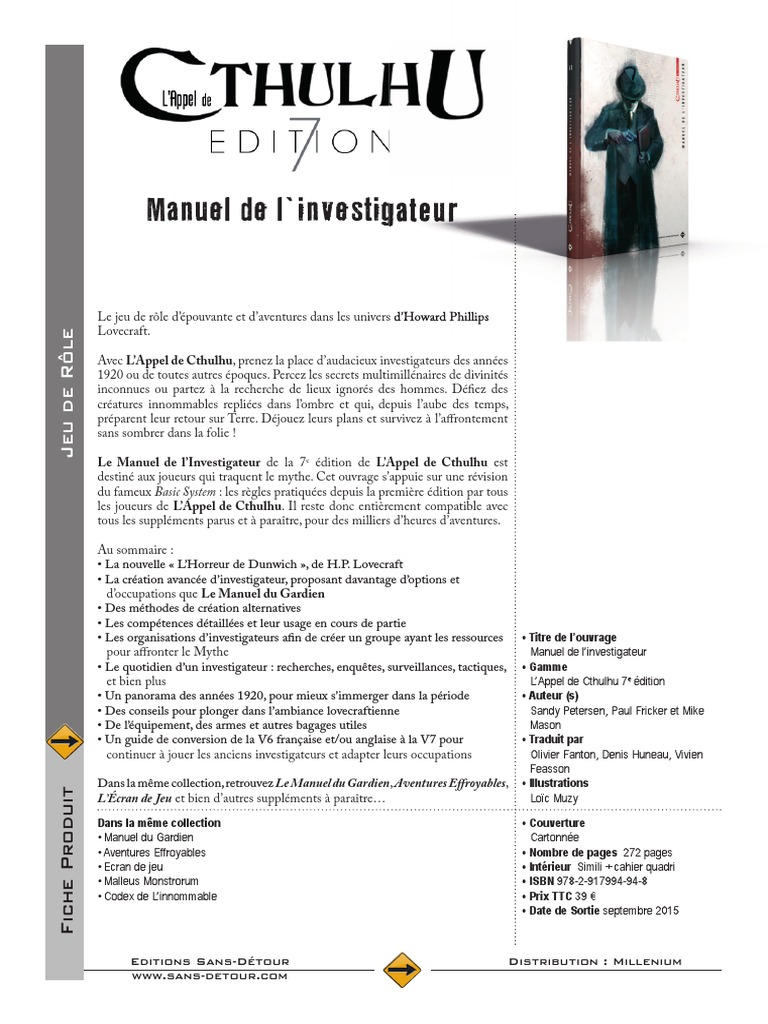 L'Appel De Cthulhu – Manuel Des Investigateurs – Édition Sans Détour (Occasion)