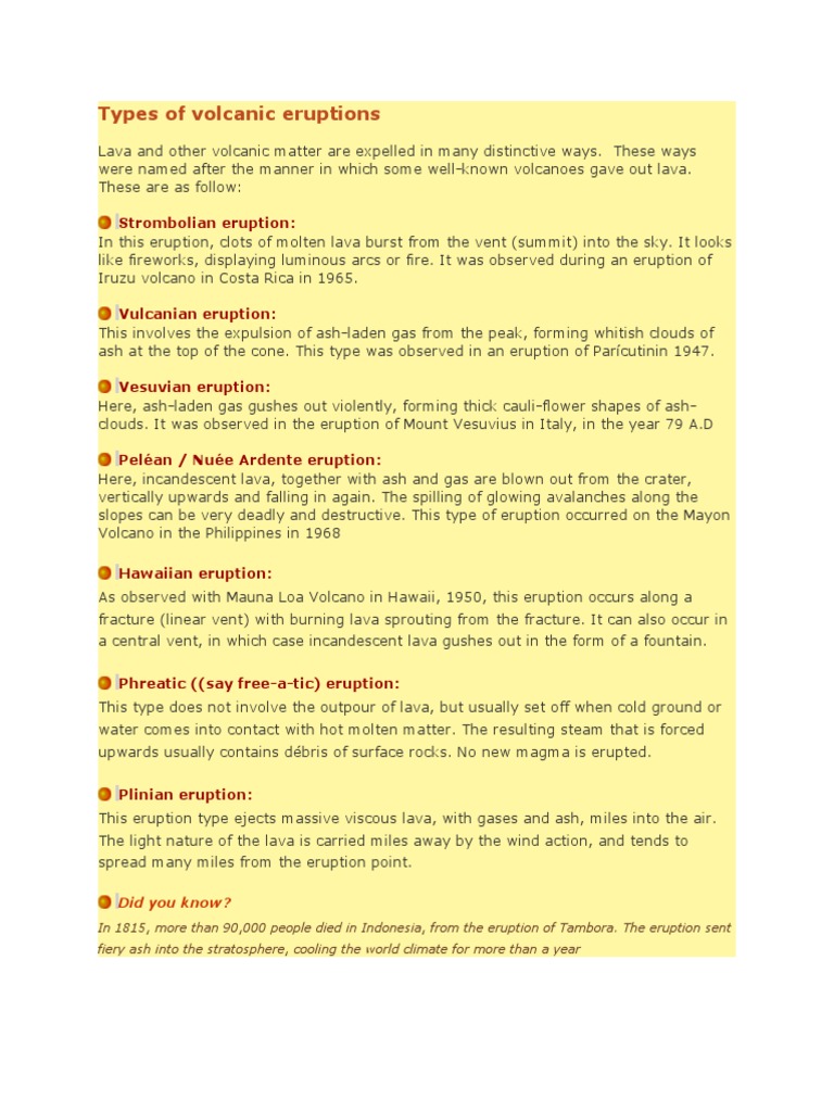Types of Volcanic Eruptions | PDF | Types Of Volcanic Eruptions | Volcano