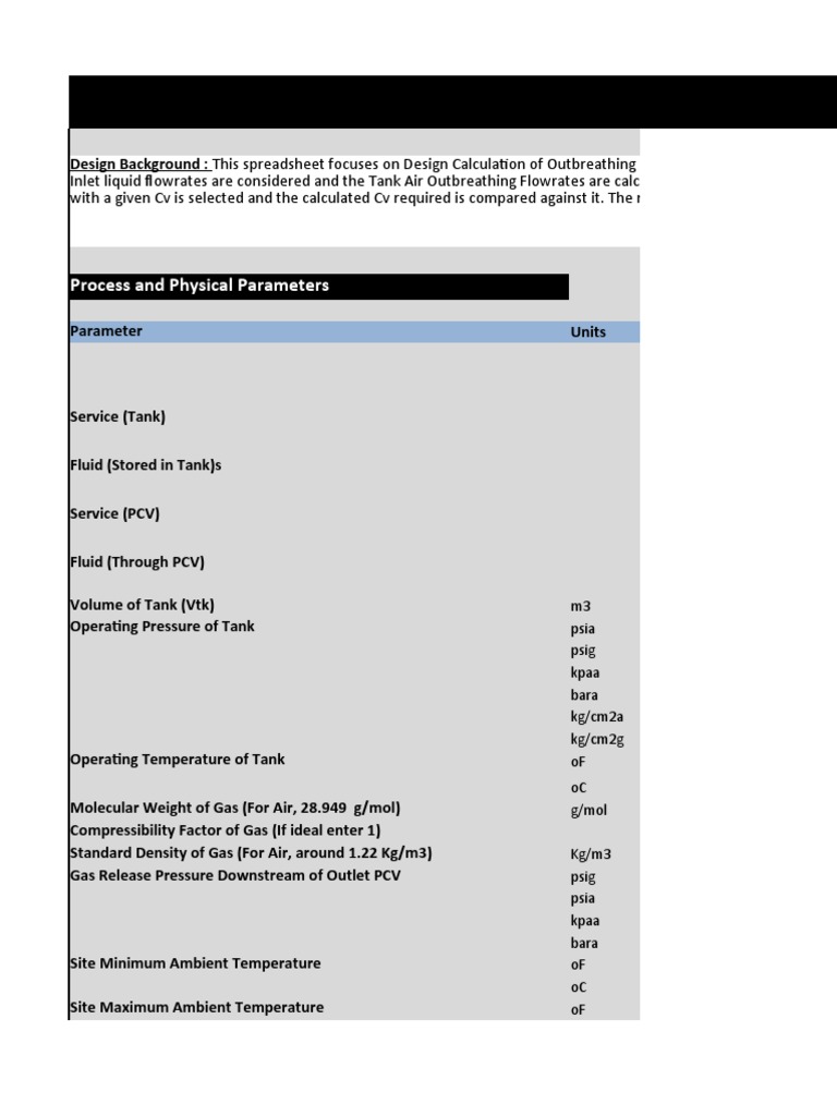 Spreadsheet Gas Blanketed Tanks Outbreathing Process Calculations